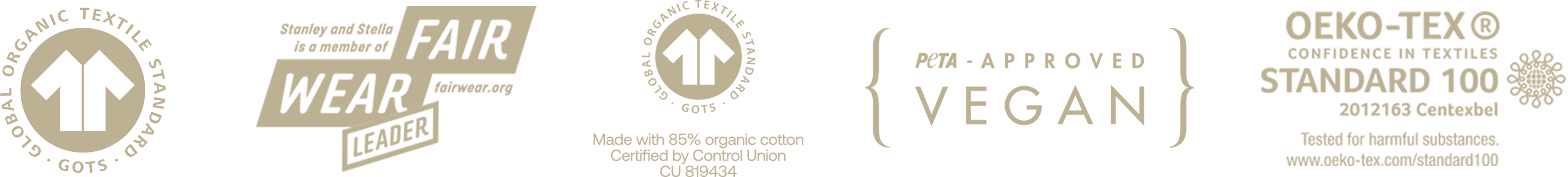 Vêtements biologiques durables - Certifications GOTS, FairWear Leader, Oeko-tex, Vegan, GRS Global recycled standard