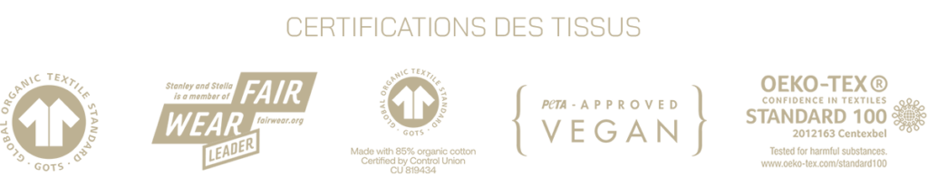 Vêtements biologiques durables - Certifications GOTS, FairWear Leader, Oeko-tex, Vegan, GRS Global recycled standard
