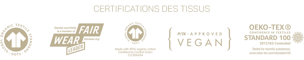 Vêtements biologiques durables - Certifications GOTS, FairWear Leader, Oeko-tex, Vegan, GRS Global recycled standard
