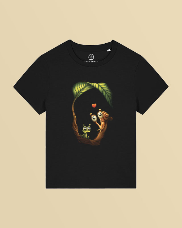 T-shirts biologiques femme - T-shirt noir femme - Illustration Grenesca - Cosmotitik - 100% coton biologique certifié GOTS Fairwear Leader Oeko-Tex