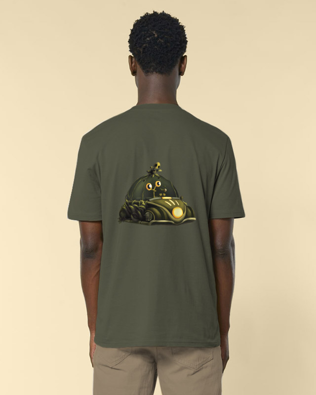 T-shirt biologique homme - khaki - Illustrations originales Cosmotitik - Illustration originale La voiture cosmique aventure - Flocage style dos