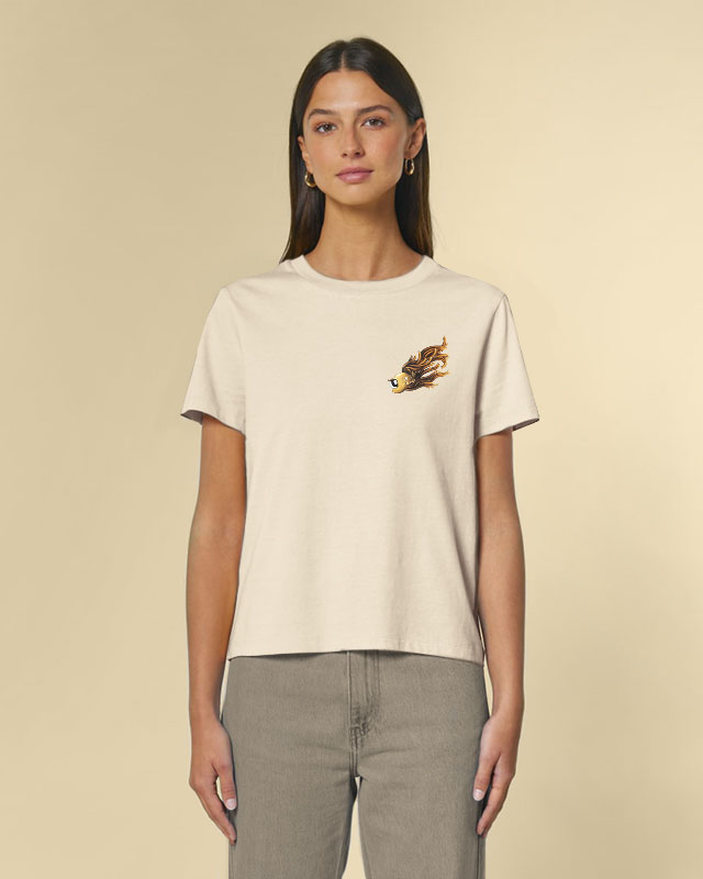 T-shirts biologiques femme - T-shirt blanc naturel femme - Illustration La maman des poissons neutron - Cosmotitik - 100% coton biologique certifié GOTS Fairwear Leader Oeko-Tex