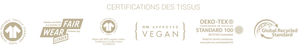 Vêtements biologiques durables - Certifications GOTS, FairWear Leader, Oeko-tex, Vegan, GRS Global recycled standard