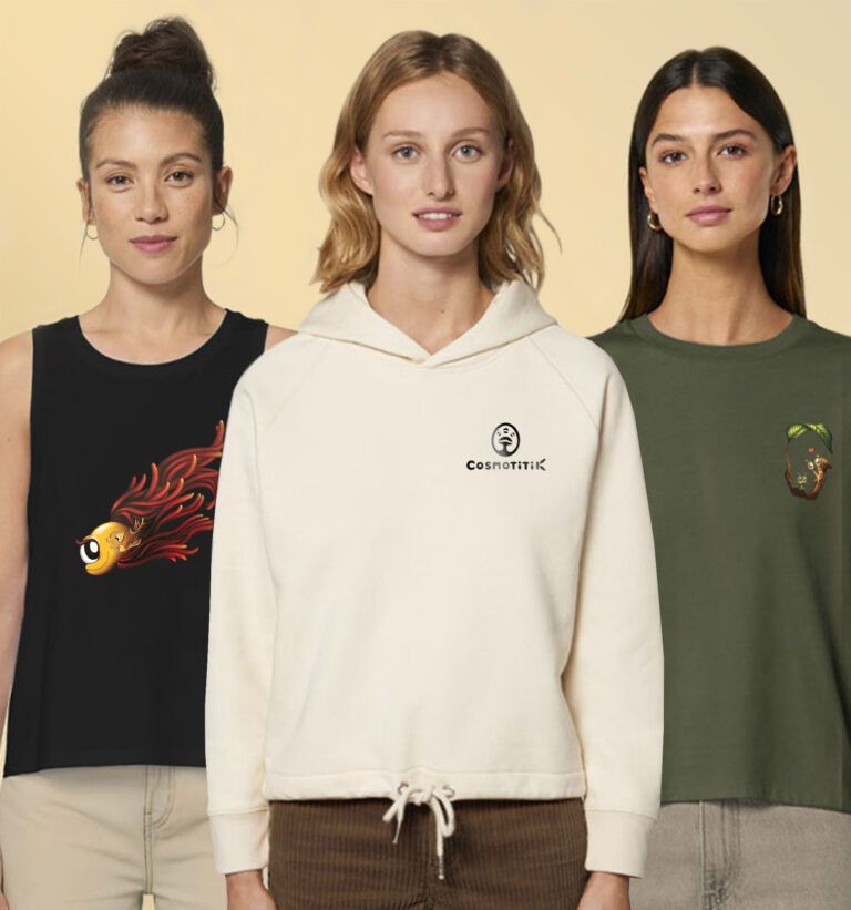 Vêtements biologiques durables - Femme - Débardeur bio femme - Sweat bio femme - T shirt bio femme - Illustrations originales Cosmotitik